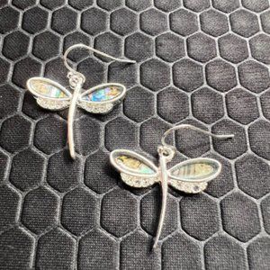 Dragonfly Earrings with Green Abalone Stones and Crystals Made of Sterling Silve